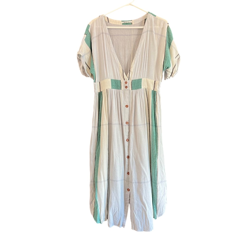 O'Neill Striped Button Front Midi Dress Cream Green XL Cotton Blend Coastal Boho